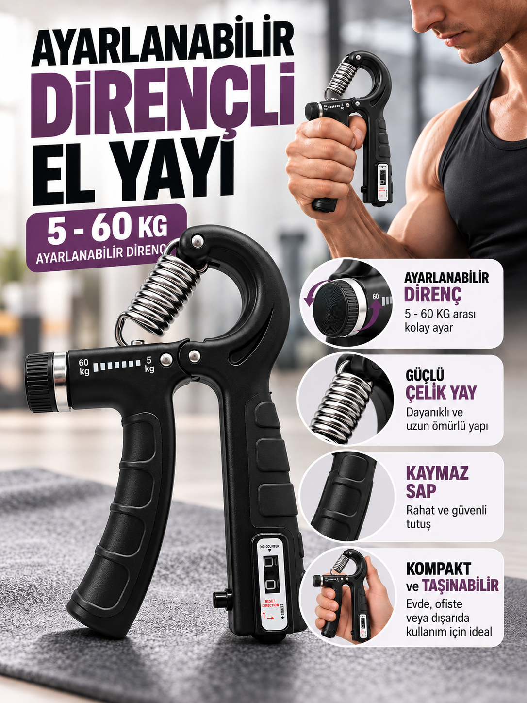 849.png Ayarlanabilir Dirençli El Yayı 5-60 KG Sayaçlı El Egzersiz Aleti Güçlü Çelik Yay Kaymaz Sap - Görsel 1