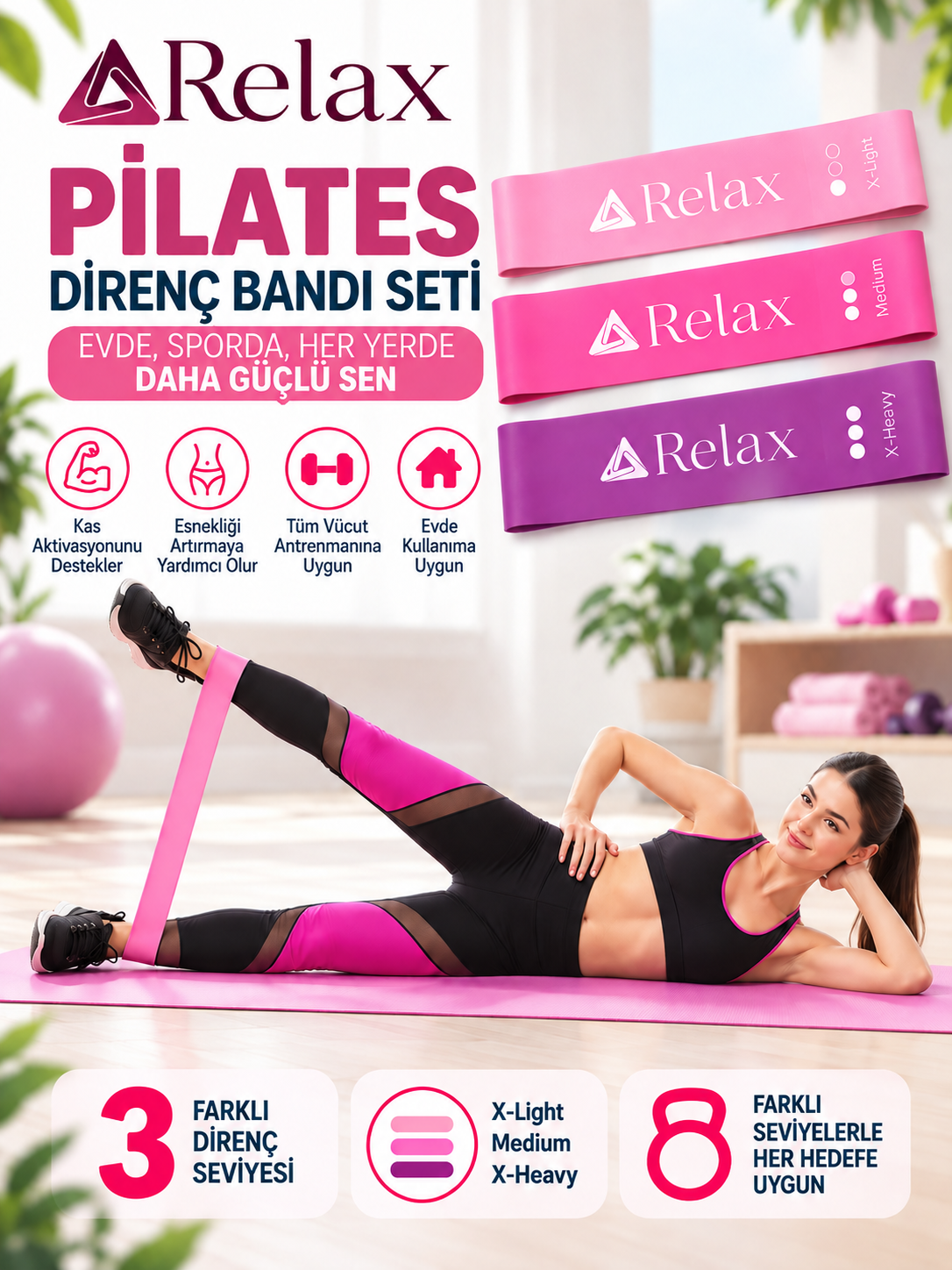 rl-303 3 Seviyeli Pilates Direnç Bandı Seti- X-Light, Medium ve X-Heavy - Görsel 1